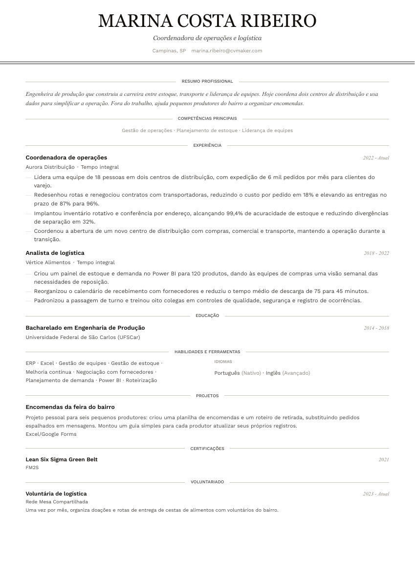 Exemplo fictício: Com experiência, modelo Clássico. Abra o PDF para ampliar.